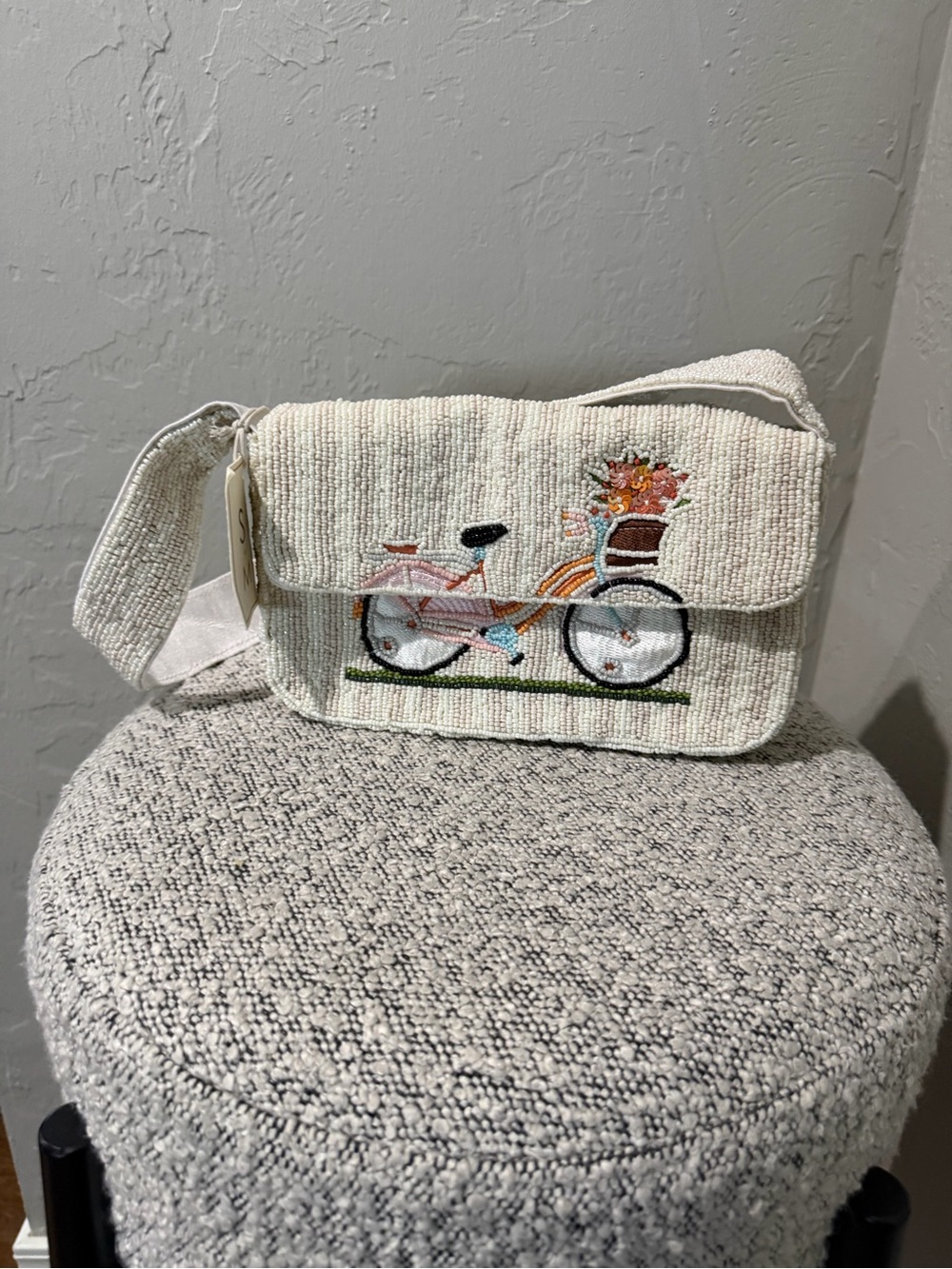 Beaded Bicycle Crossbody Bag - Cream